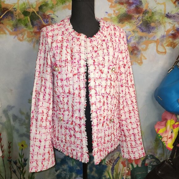 Nanette Lepore Women's Tweed Jacket Pearl Button Accents Fringe Details Size 6 - Picture 2 of 11